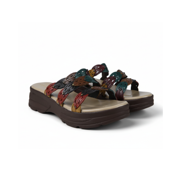 Elegant Multicolor Leaf-Strap Wedge Slippers