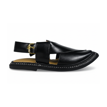 Black peshawari chappall with gold buckle on a white background
