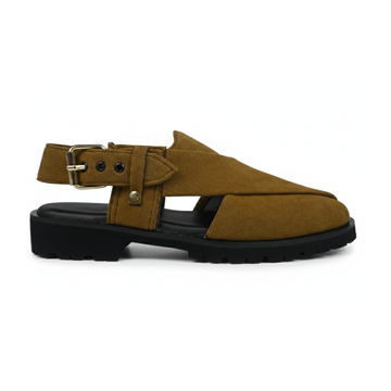Brown suede khari with a black sole on a white background
