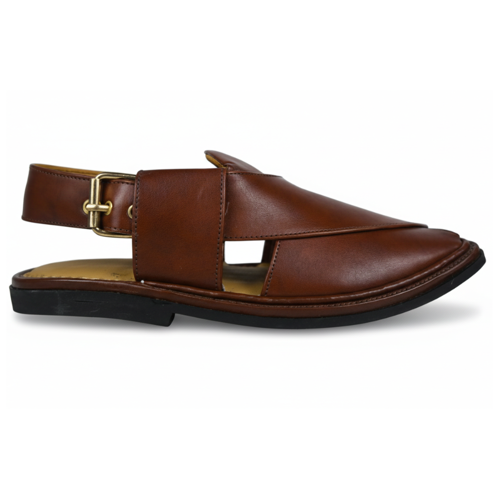 Brown khari with a gold buckle on a white background