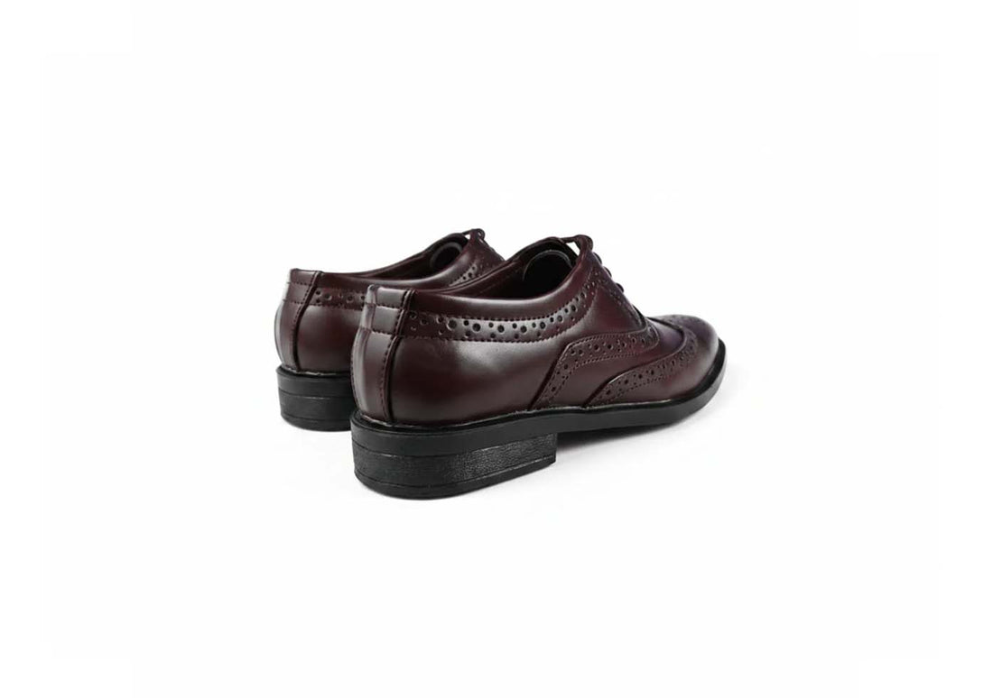 A pair of men's brown  wingtip oxford shoes with decorative brogue perforations, displayed on a clean white background.