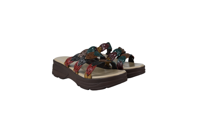 Elegant Multicolor Leaf-Strap Wedge Slippers