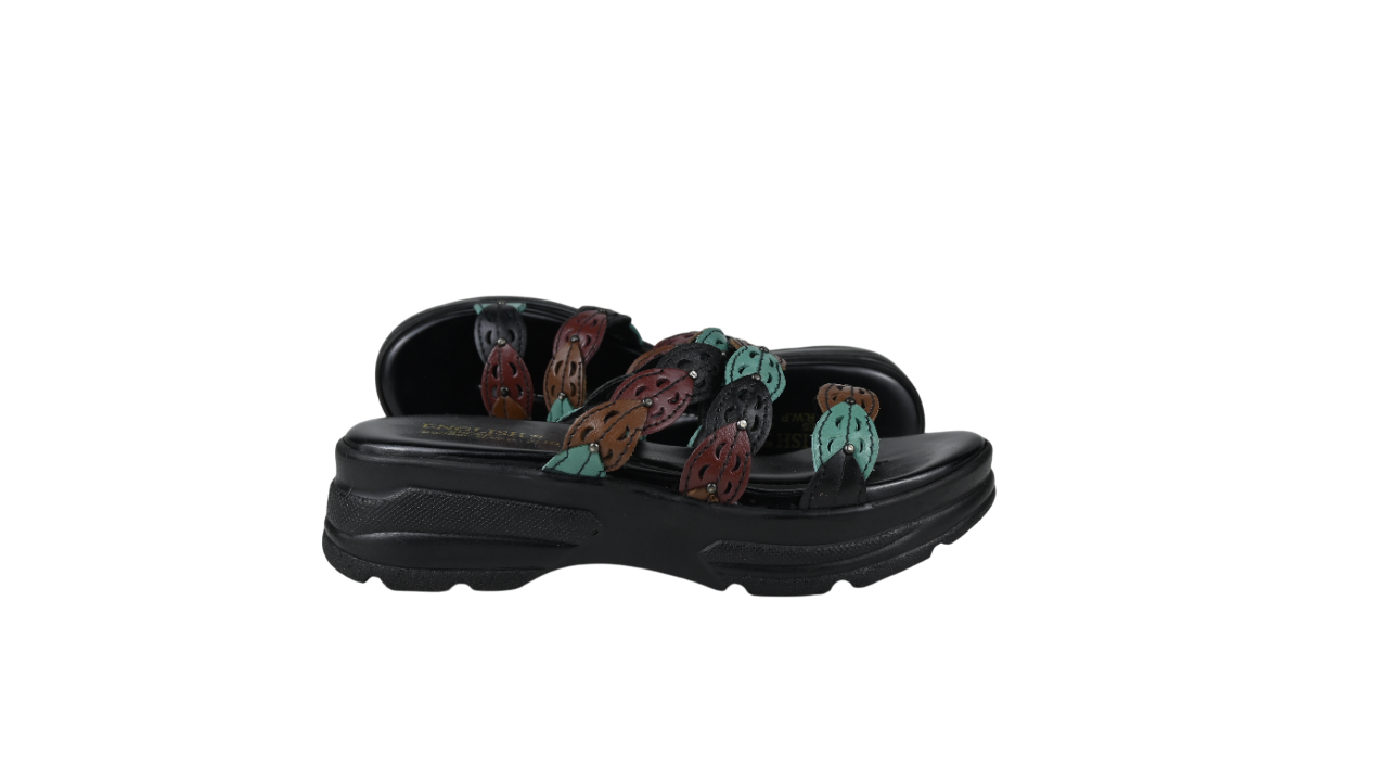 Elegant Multicolor Leaf-Strap Wedge Slippers