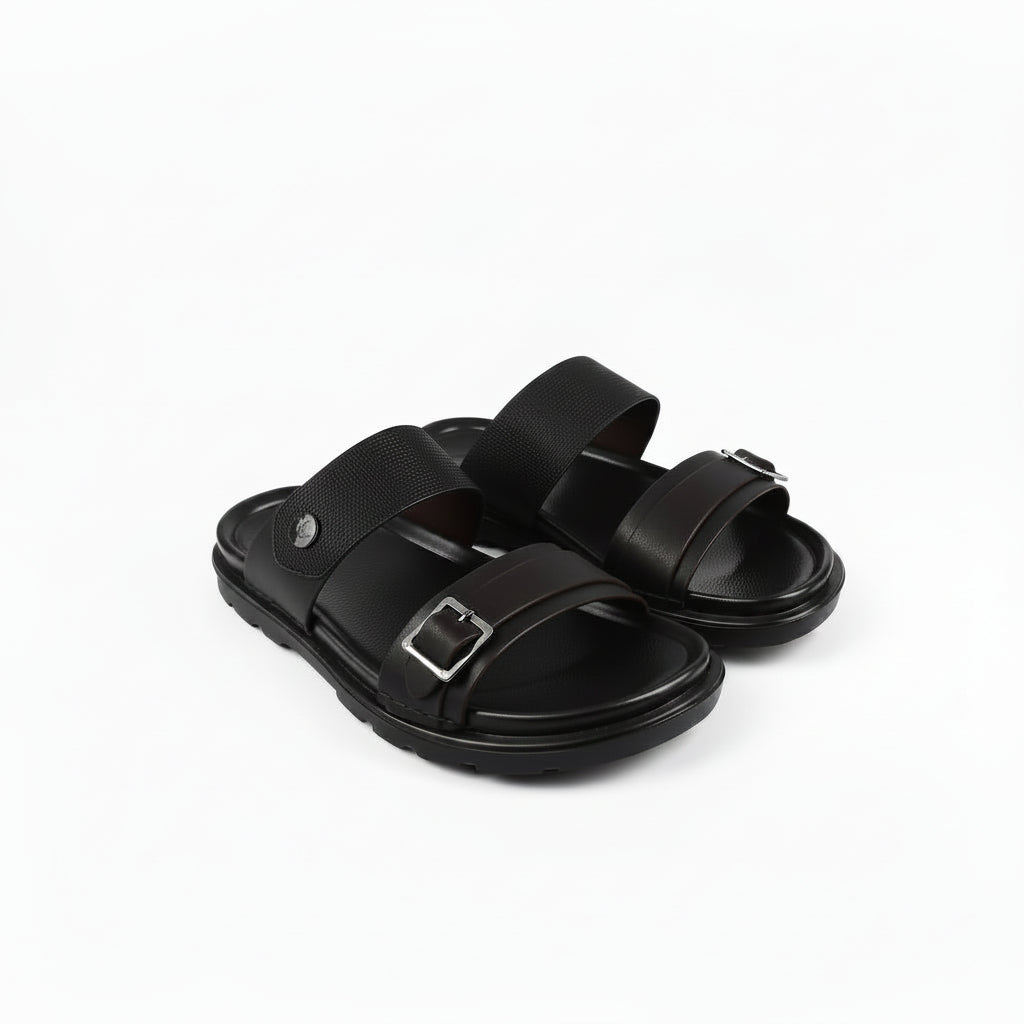 A pair of brown double-strap slide sandals with adjustable buckled straps and a textured sole, shown on a clean white background.