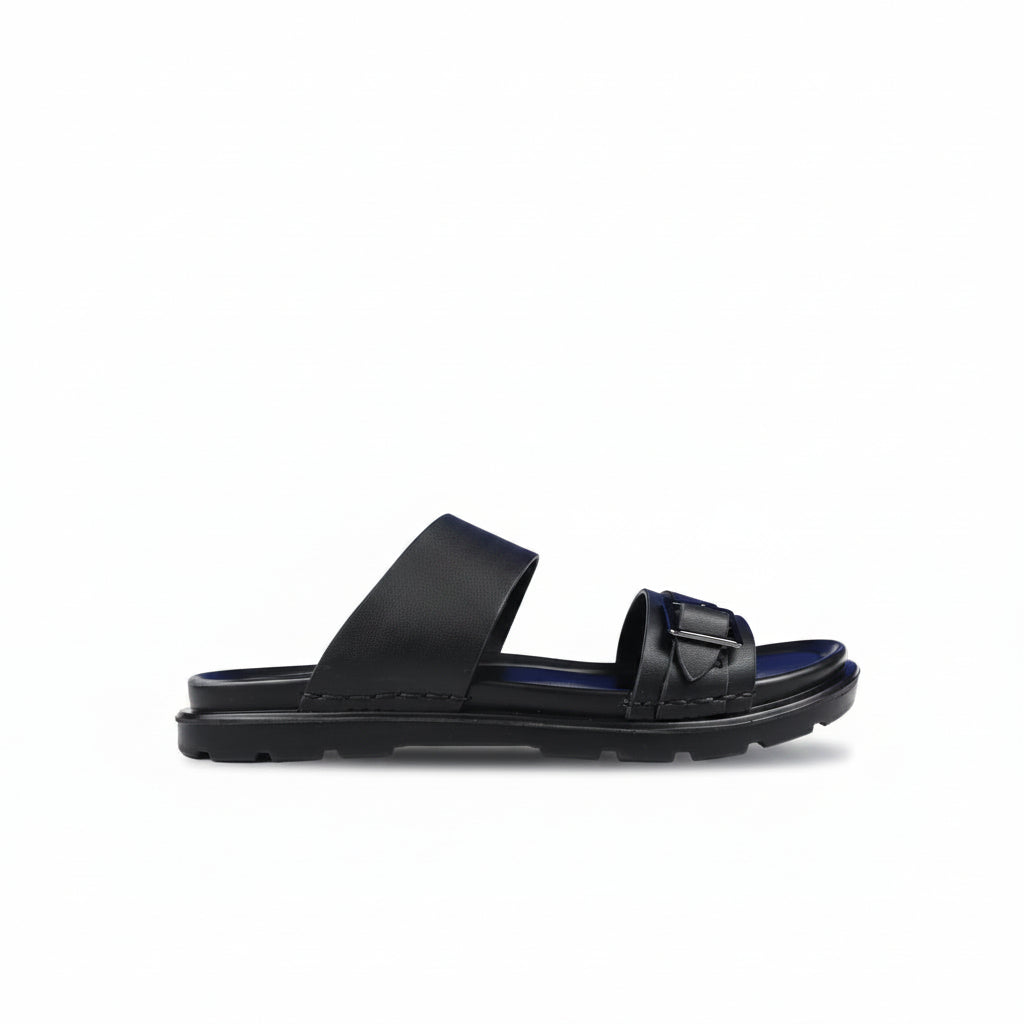 A pair of brown double-strap slide sandals with adjustable buckled straps and a textured sole, shown on a clean white background.