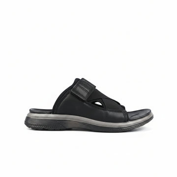 Black sandal with a strap on a white background