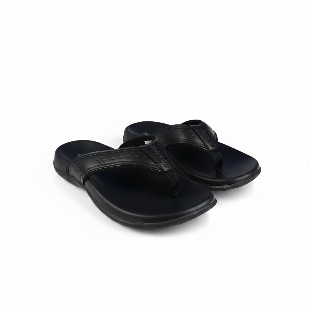 A single thong sandal shown in profile against a plain white background. The sandal features a tan leather strap with white contrast stitching, a light beige footbed, and a tan outsole.