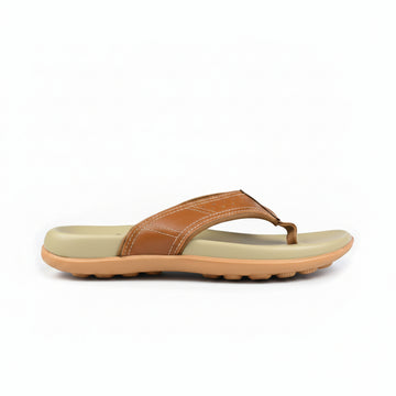 A single thong sandal shown in profile against a plain white background. The sandal features a tan leather strap with white contrast stitching, a light beige footbed, and a tan outsole.