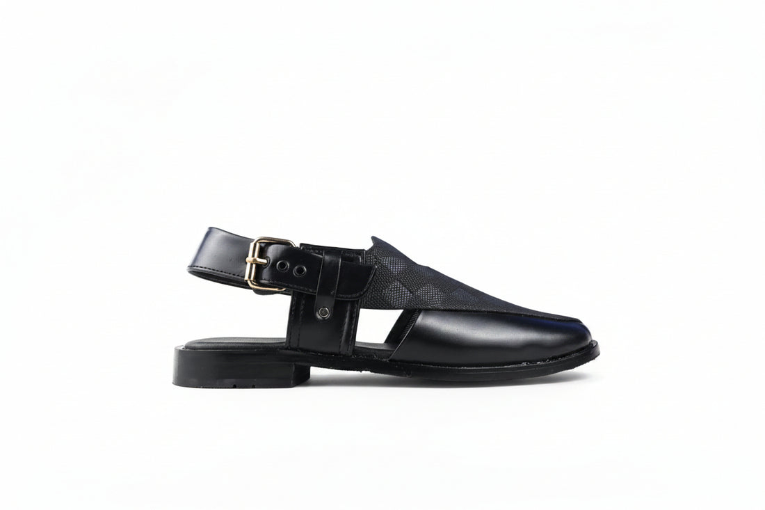 A pair of dark brown and black checkered slingback loafers with smooth dark brown toe caps and gold-tone buckle straps, shown on a white background.