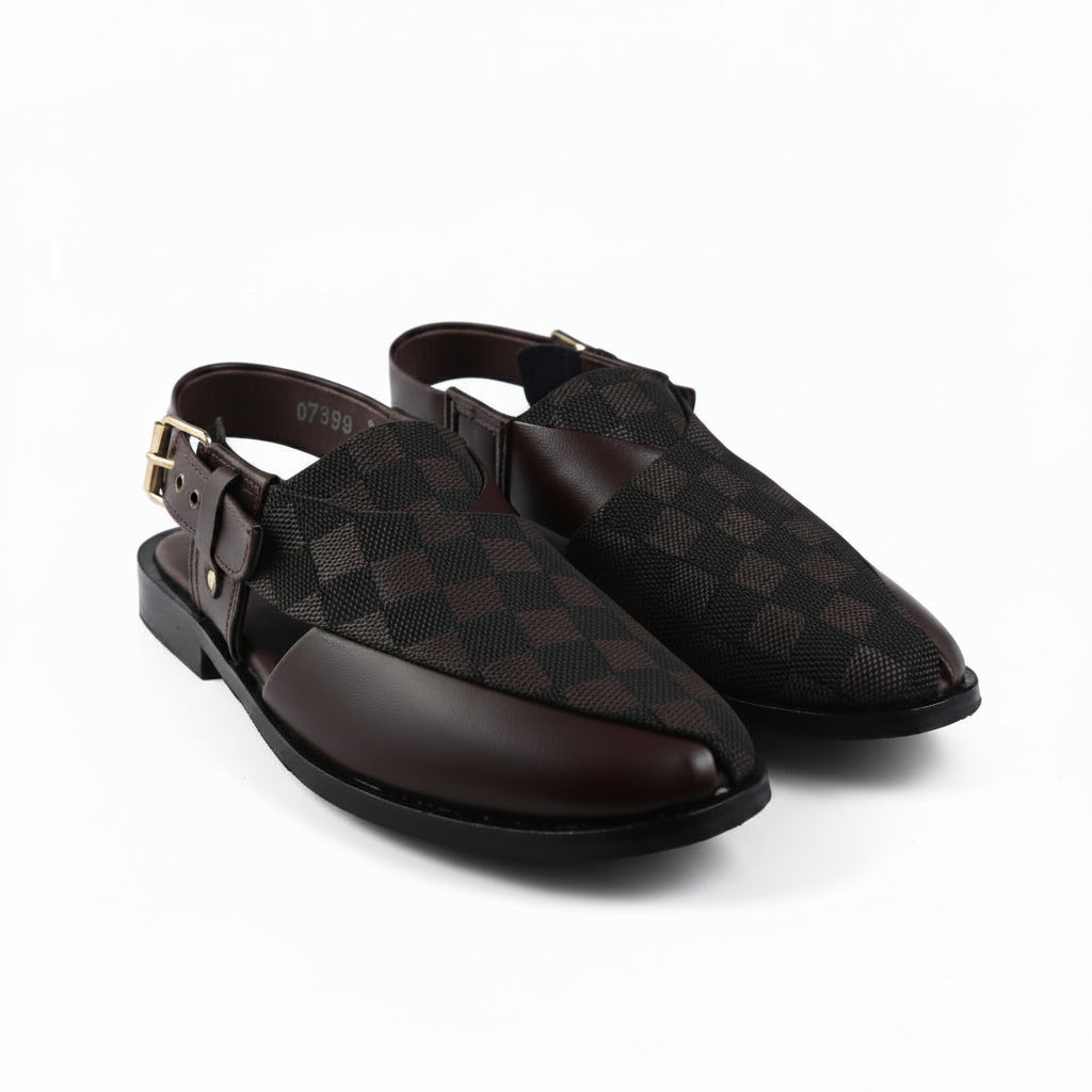 A pair of dark brown and black checkered slingback loafers with smooth dark brown toe caps and gold-tone buckle straps, shown on a white background.