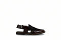 A single dark brown  khari-style sandal with a buckle ankle strap, shown in profile against a plain white background.