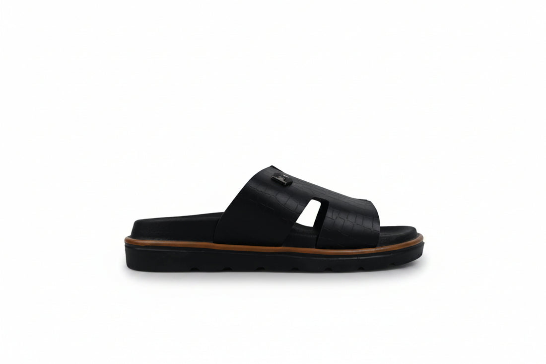 A pair of men's slide sandals with tan-brown straps and black soles, displayed on a clean white background.