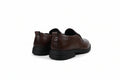 A pair of dark brown slip-on loafers shown from the rear three-quarter view on a clean white background.