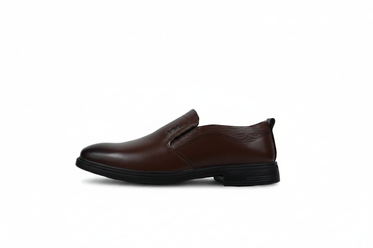 A single dark brown  slip-on loafer shown in a side profile on a clean white background.