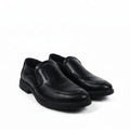 A pair of men's black  slip-on dress shoes with a subtle textured pattern on the toe and sides, displayed against a plain white studio background.