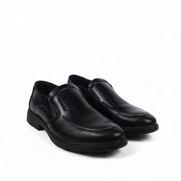 A pair of men's black  slip-on dress shoes with a subtle textured pattern on the toe and sides, displayed against a plain white studio background.