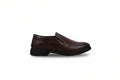 A dark brown slip-on loafer shoe with a black sole, shown in a side profile view against a plain white background.