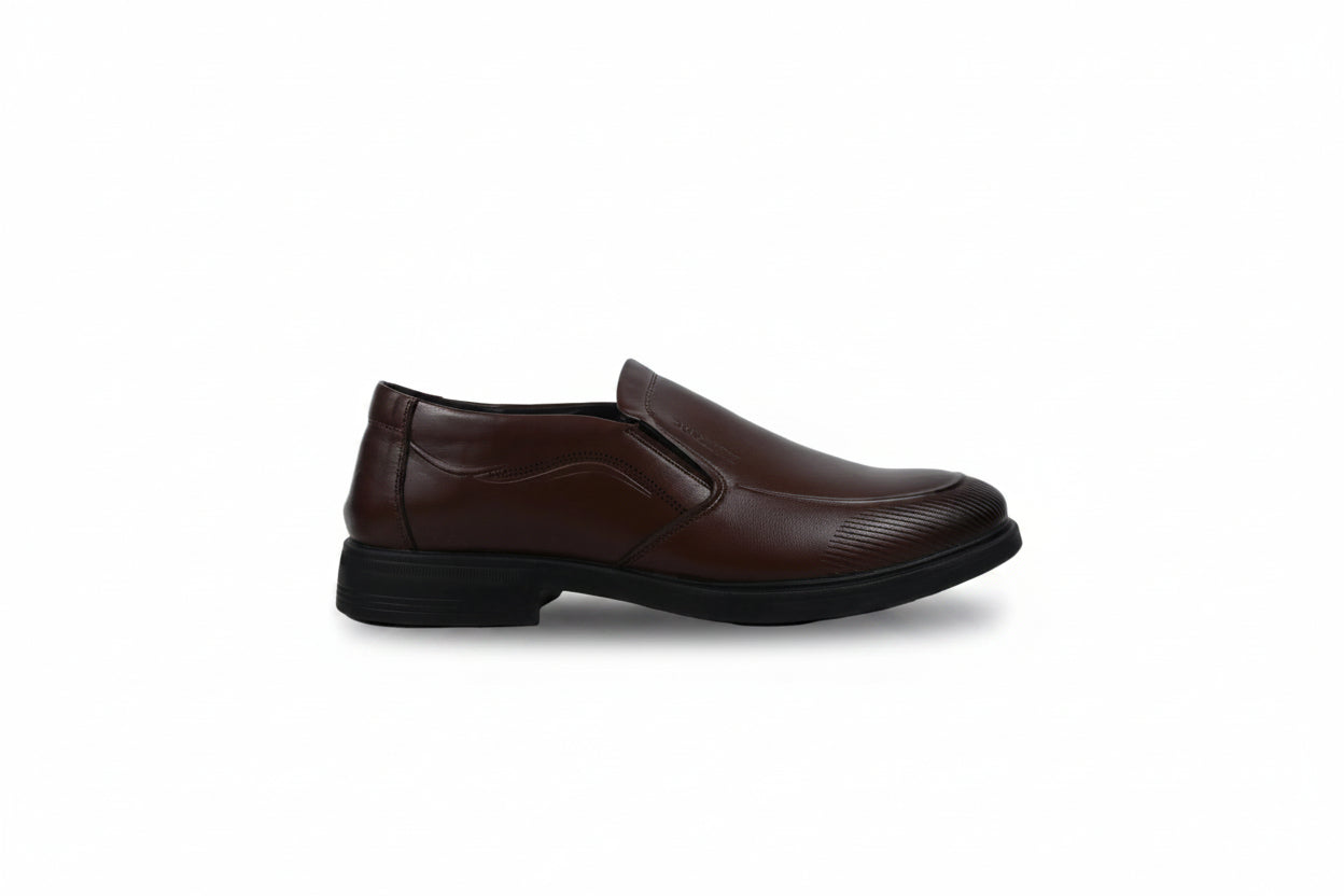 A dark brown slip-on loafer shoe with a black sole, shown in a side profile view against a plain white background.