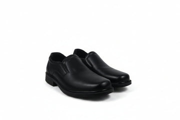 A pair of black slip-on dress shoes with low block heels, displayed on a clean white background.