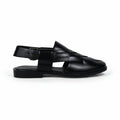 Black sandal with multiple straps on a light gray background