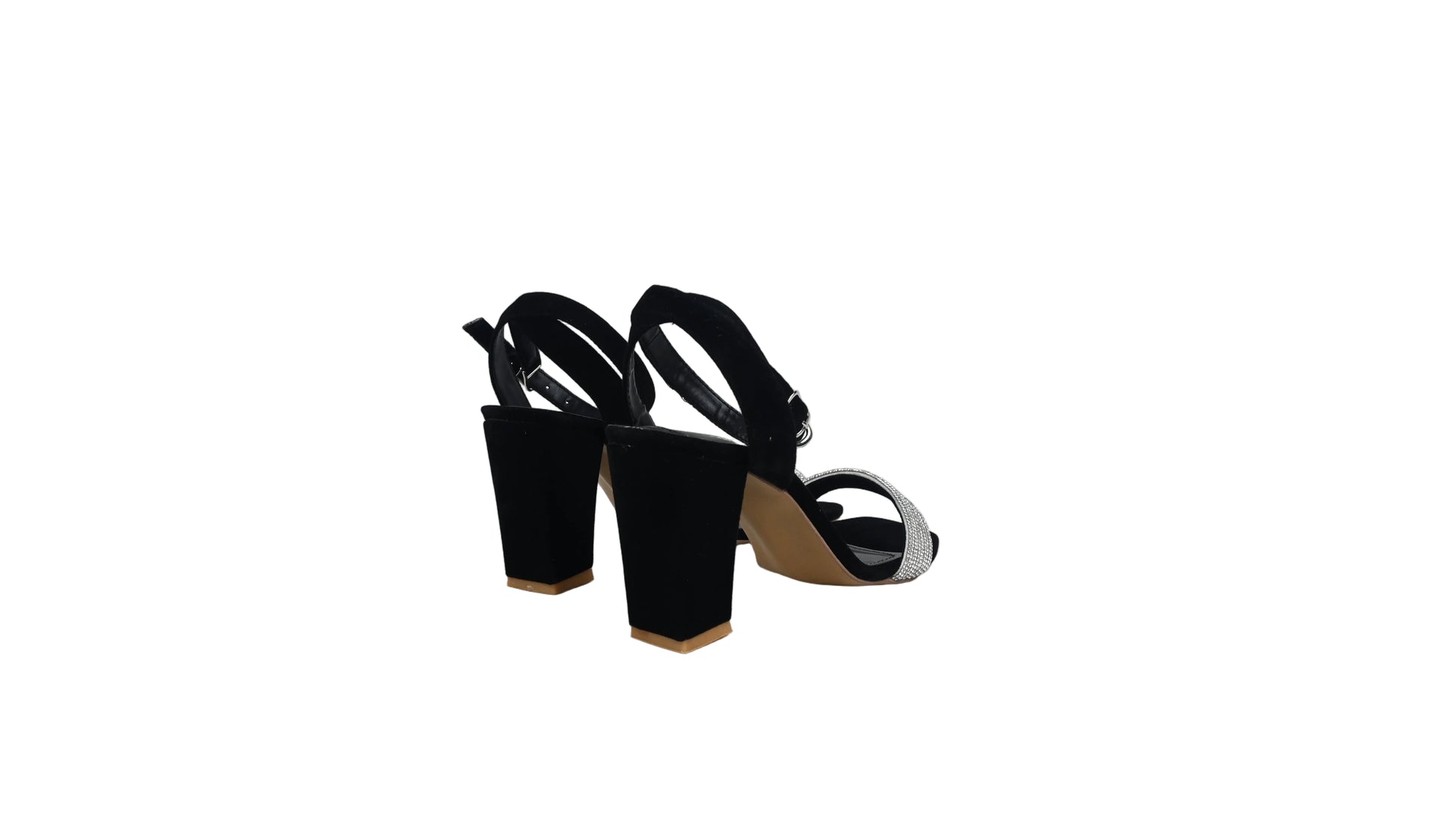 A pair of women's black high-heeled sandals with block heels and ankle straps, shown on a light gray studio background.