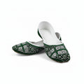 A pair of traditional green and white embroidered flat shoes, likely Jhugga or Kameez, displayed on a light gray background.