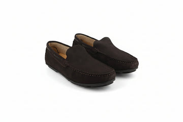A pair of dark brown suede driving loafers shown on a white studio background.