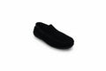 A single black suede moccasin loafer shown from a side profile on a white studio background.