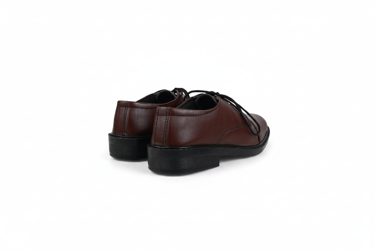 A pair of men's brown leather lace-up shoes with black soles, shown from a side-rear angle on a white studio background.
