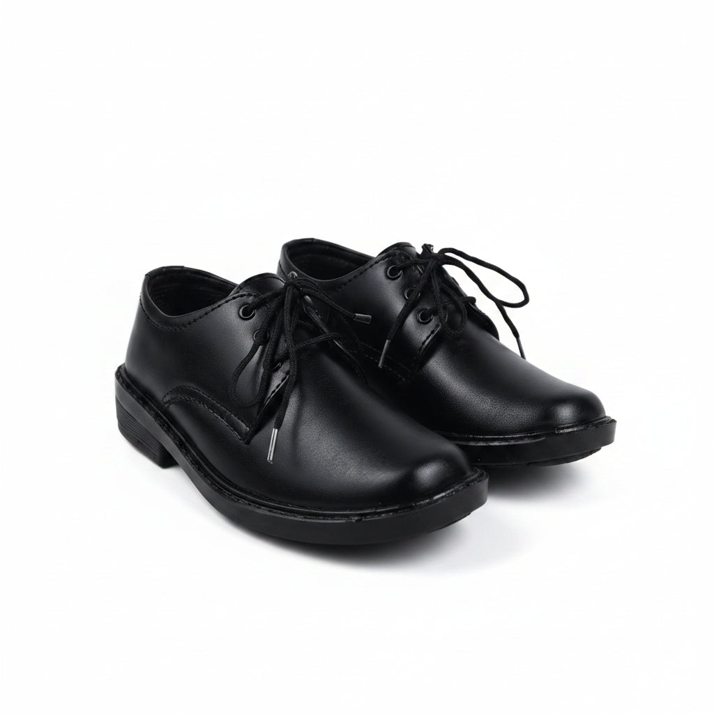 A pair of black leather lace-up shoes with low block heels, displayed on a light gray studio background.
