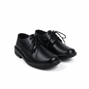 A pair of black leather lace-up shoes with low block heels, displayed on a light gray studio background.