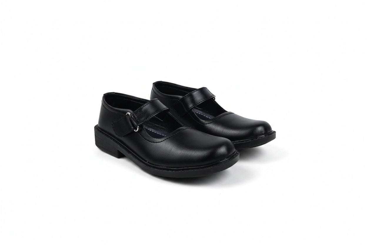 A pair of black Mary Jane school shoes with low block heels and buckle straps, photographed on a white studio background.