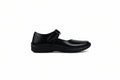 A single black leather Mary Jane shoe with a hook-and-loop strap closure, shown in profile against a light gray fabric backdrop.