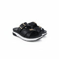 A pair of black platform slide sandals with double straps, each featuring a gold-tone buckle and a matching gold-tone horsebit detail on the front strap, set against a plain white background.