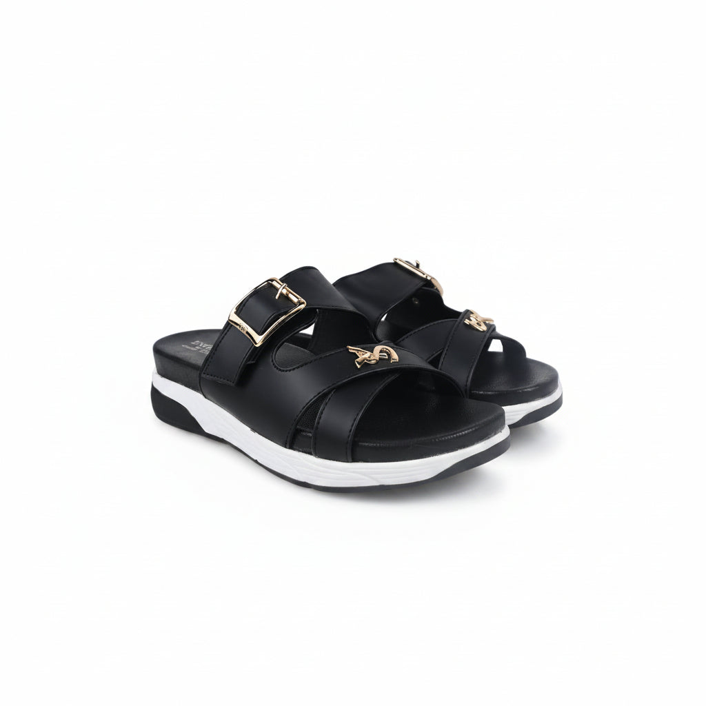 A pair of black platform slide sandals with double straps, each featuring a gold-tone buckle and a matching gold-tone horsebit detail on the front strap, set against a plain white background.