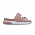 A single women's slide sandal in a dusty rose pink color, featuring a wide top strap and two crisscrossing straps with a small metallic buckle, set against a plain white background.