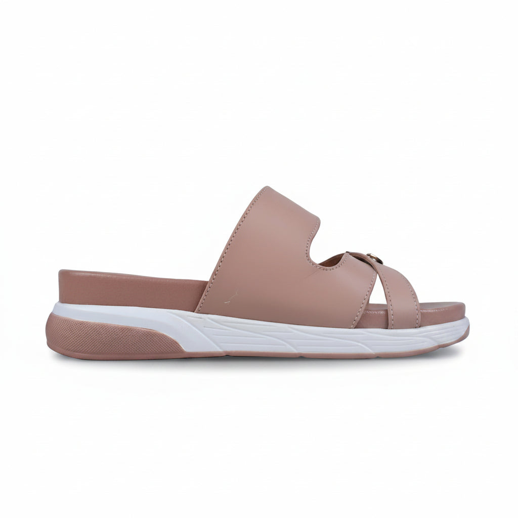 A single women's slide sandal in a dusty rose pink color, featuring a wide top strap and two crisscrossing straps with a small metallic buckle, set against a plain white background.