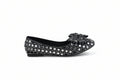 A single black flat shoe decorated with rows of silver rhinestones and a matching rhinestone-embellished bow on the toe, shown against a plain white background.