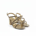 A pair of women's metallic gold block-heel sandals with sparkling rhinestone-embellished straps, shown on a light gray background.