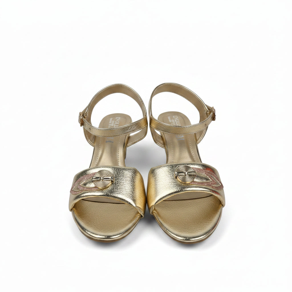 A pair of gold metallic open-toe heeled sandals with ankle straps and decorative buckle details, shown on a light gray background.