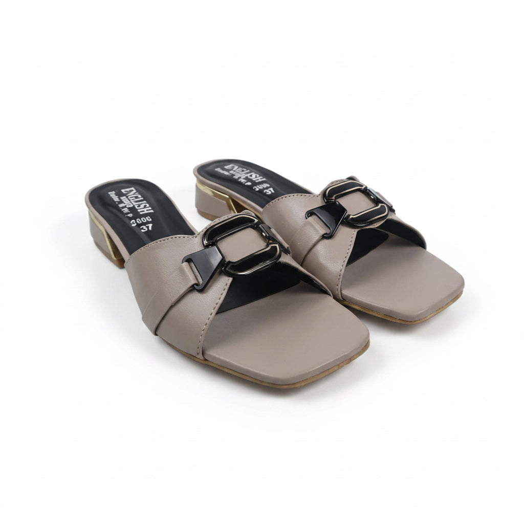 A pair of women's heeled slide sandals in taupe with black buckle straps and a gold-toned block heel, resting on a white surface.