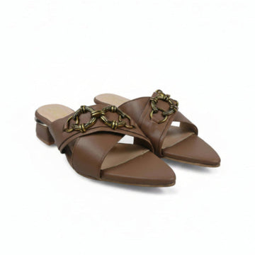 A pair of women's brown leather slide sandals with chunky chain-link straps and a low block heel, displayed on a light gray studio background.