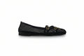 A single black flat shoe with a textured, perforated upper and two small gold buckle straps across the top, photographed against a light gray background.