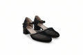 A pair of black fishnet Mary Jane heels with block toes, ankle straps, and gold buckle details, photographed on a light gray studio background.