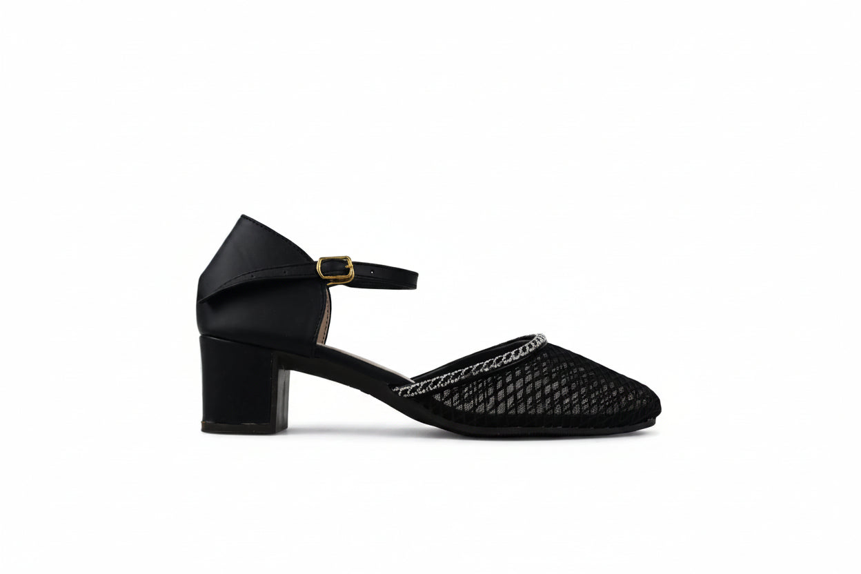 A single black block-heel Mary Jane sandal with a textured woven toe strap and a gold buckle, shown in profile against a light gray background.