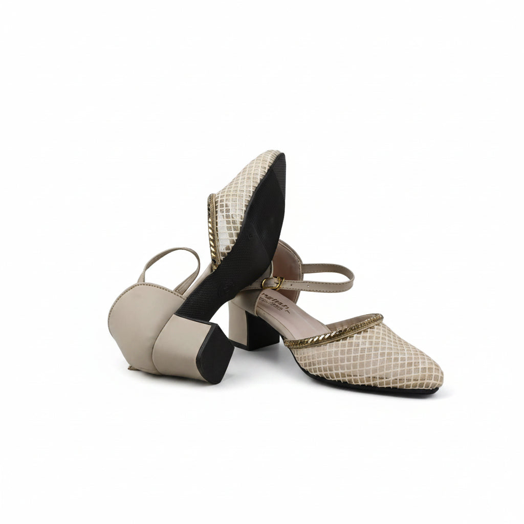 A pair of women's block-heel mule sandals in beige and gold, featuring a textured fishnet upper, pointed toe, and ankle strap, shown against a light gray background.