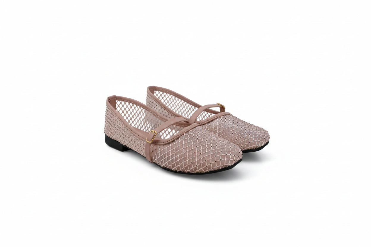 A pair of women's flat shoes with a pink mesh upper, thin straps, and a small gold buckle, shown on a light gray background.