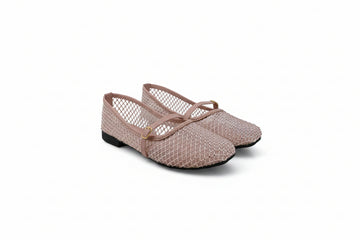 A pair of women's flat shoes with a pink mesh upper, thin straps, and a small gold buckle, shown on a light gray background.