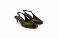 A pair of metallic olive green slingback pointed-toe pumps with black straps and a signature red heel, photographed on a white studio background.