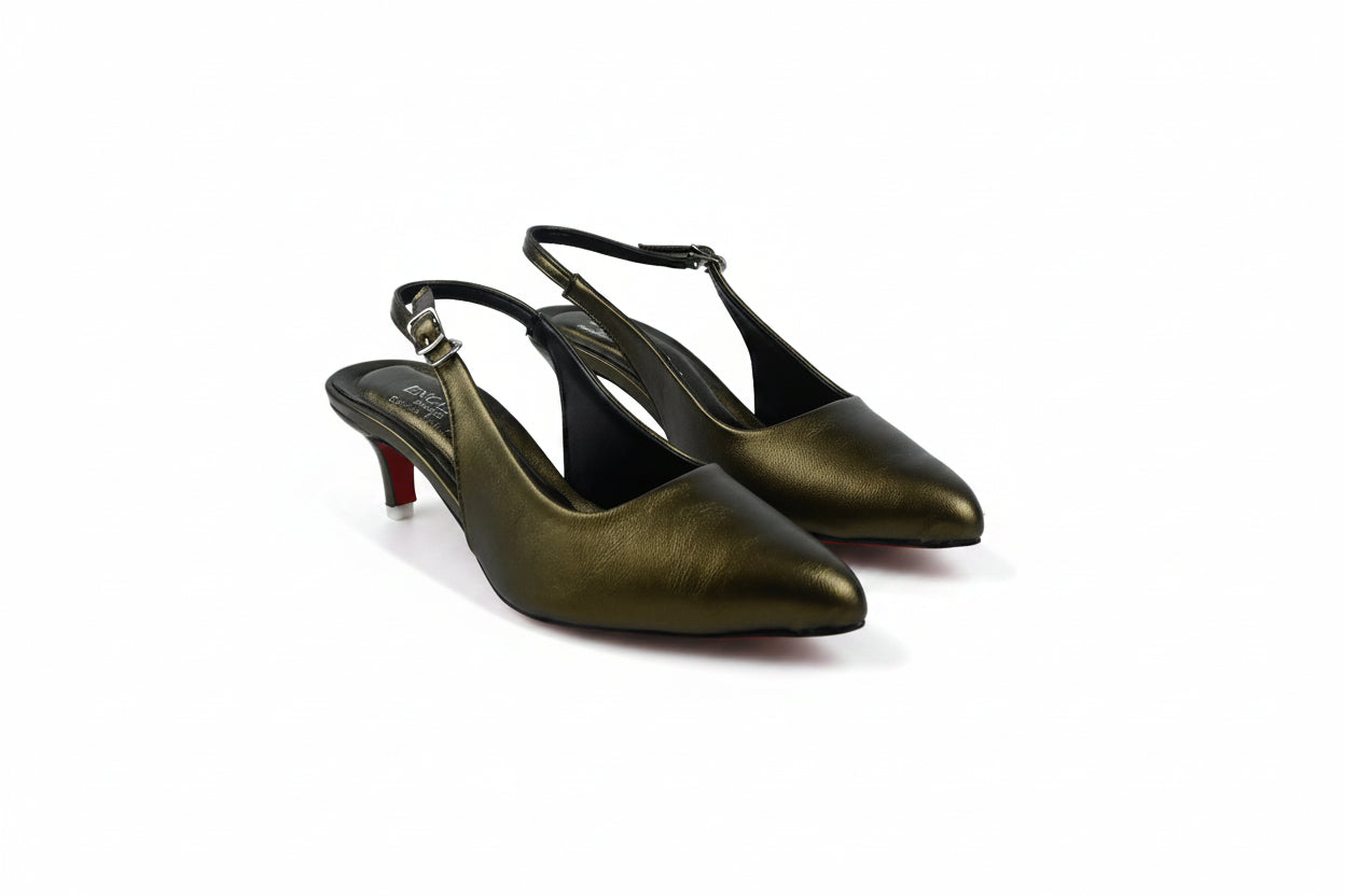 A pair of metallic olive green slingback pointed-toe pumps with black straps and a signature red heel, photographed on a white studio background.